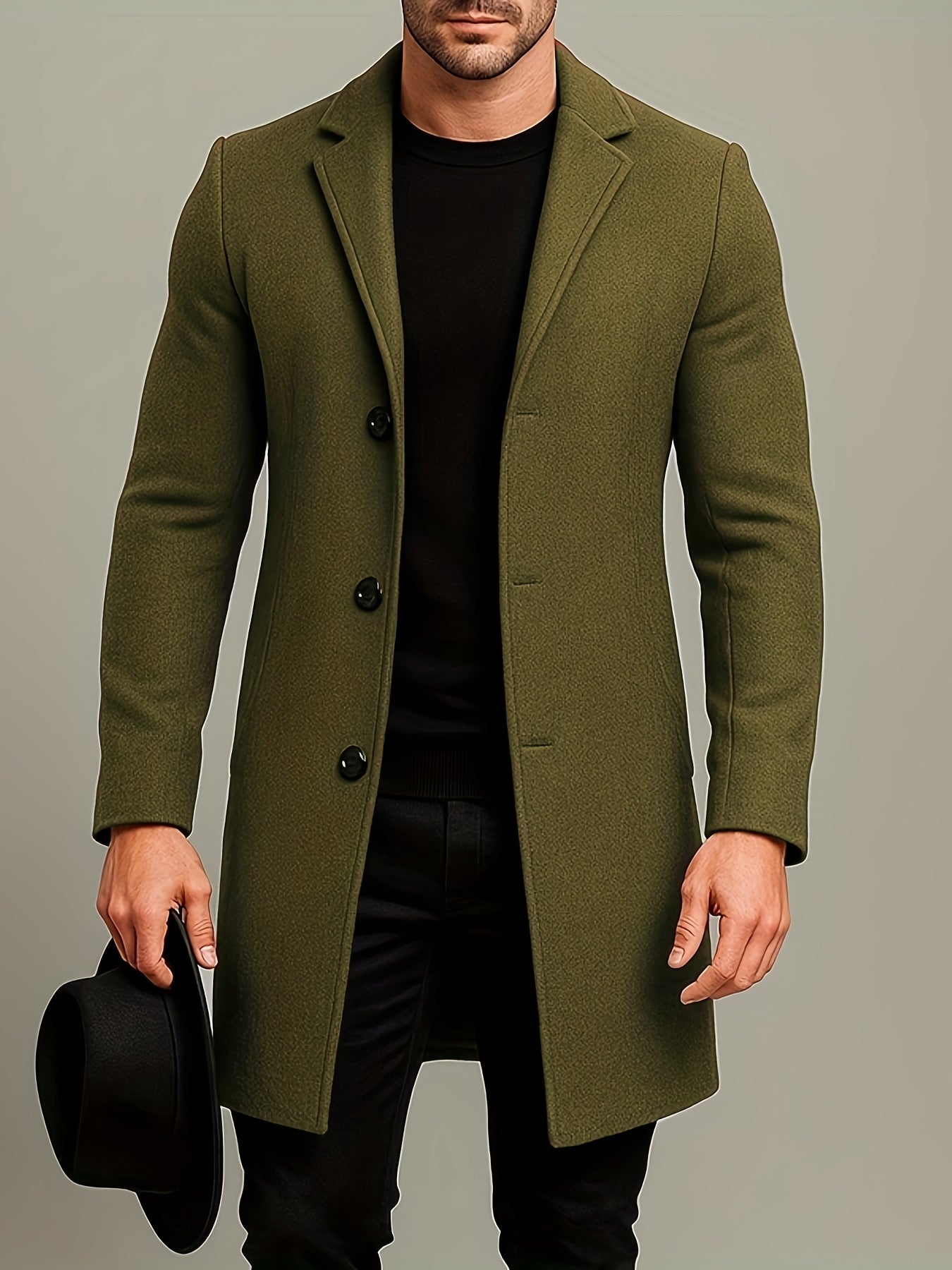 Men's Mid-Length Single-Breasted Tweed Overcoat Solid Color Trench Coat