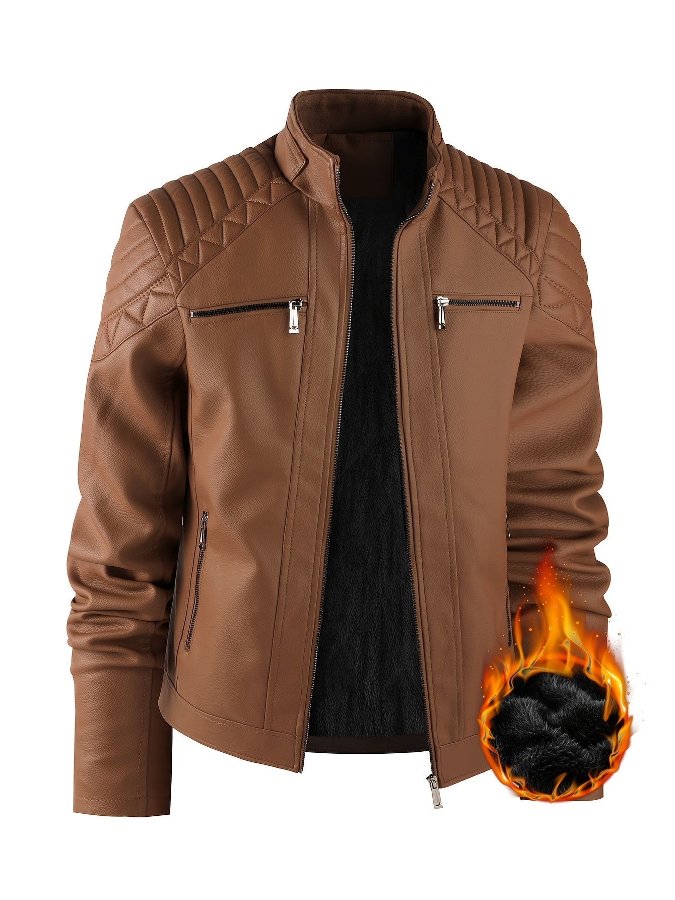 Men’s Leather Fleece Jacket – Stand Collar Biker Design for Autumn & Winter