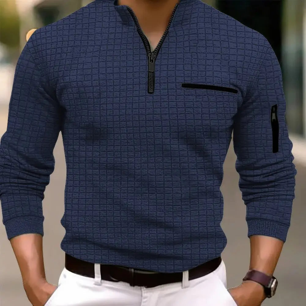 Men's Casual Cotton Long Sleeve Polo Shirt Pocket Zipper