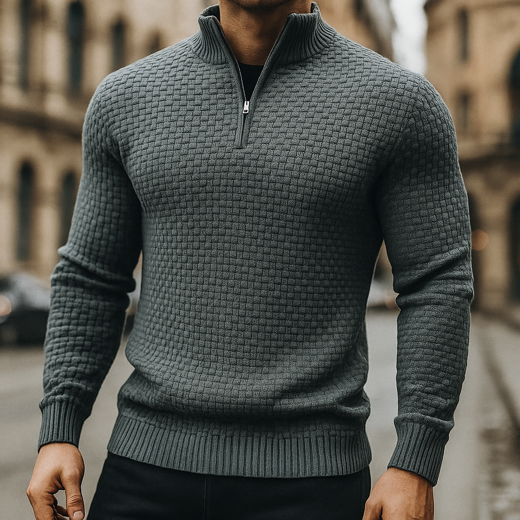 Wool Waffle Knit Quarter Zip Sweater