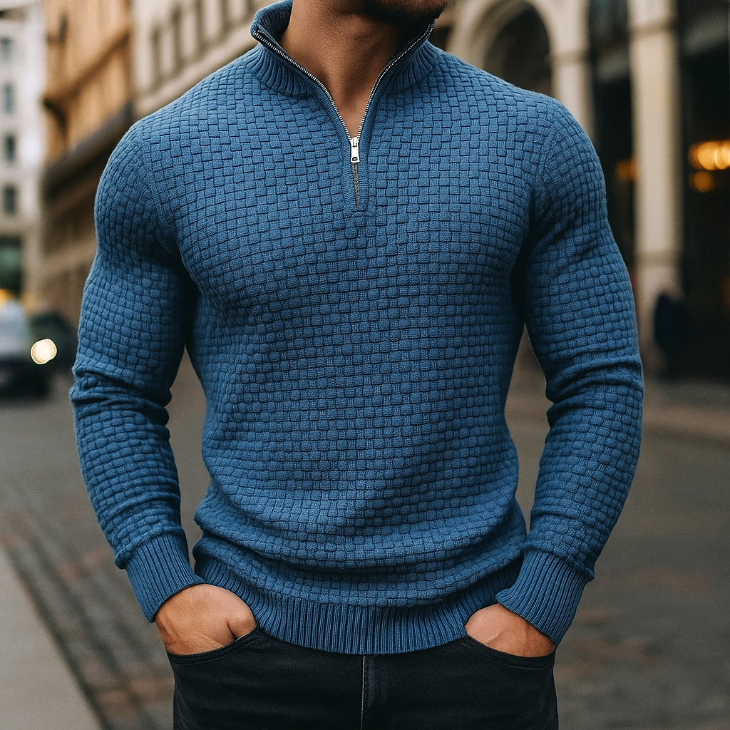 Wool Waffle Knit Quarter Zip Sweater