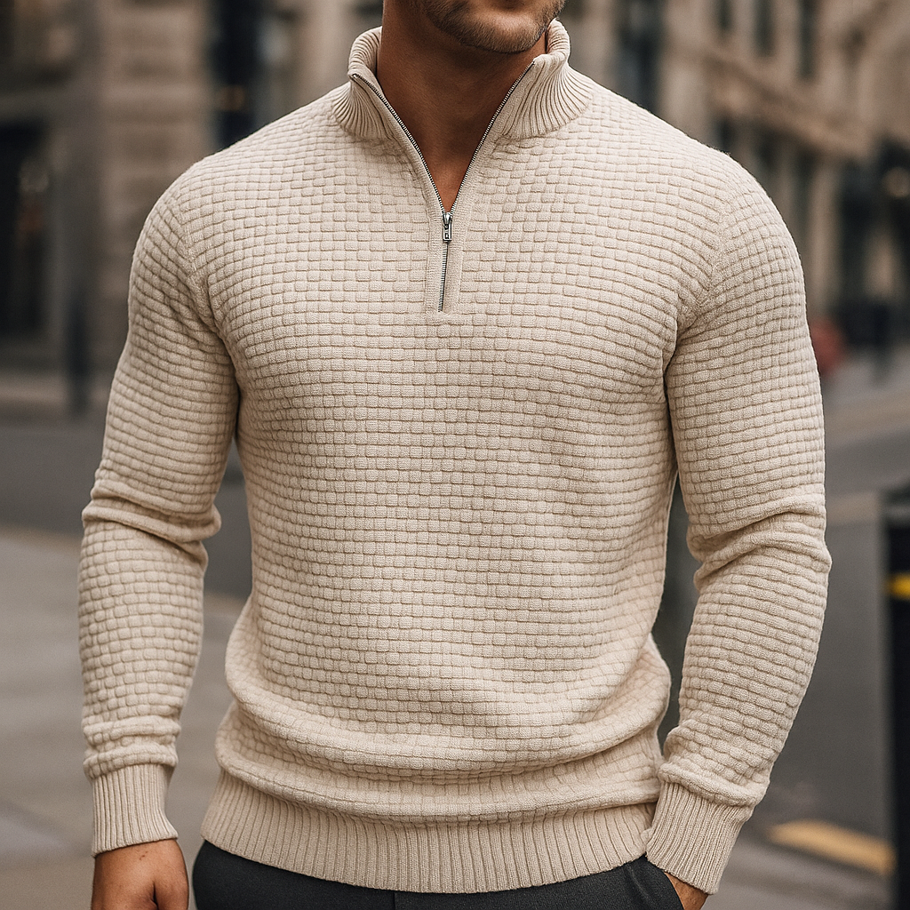Wool Waffle Knit Quarter Zip Sweater