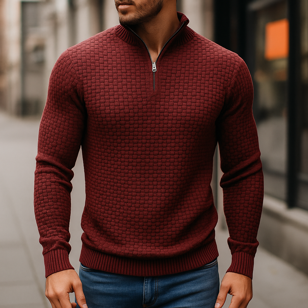 Wool Waffle Knit Quarter Zip Sweater