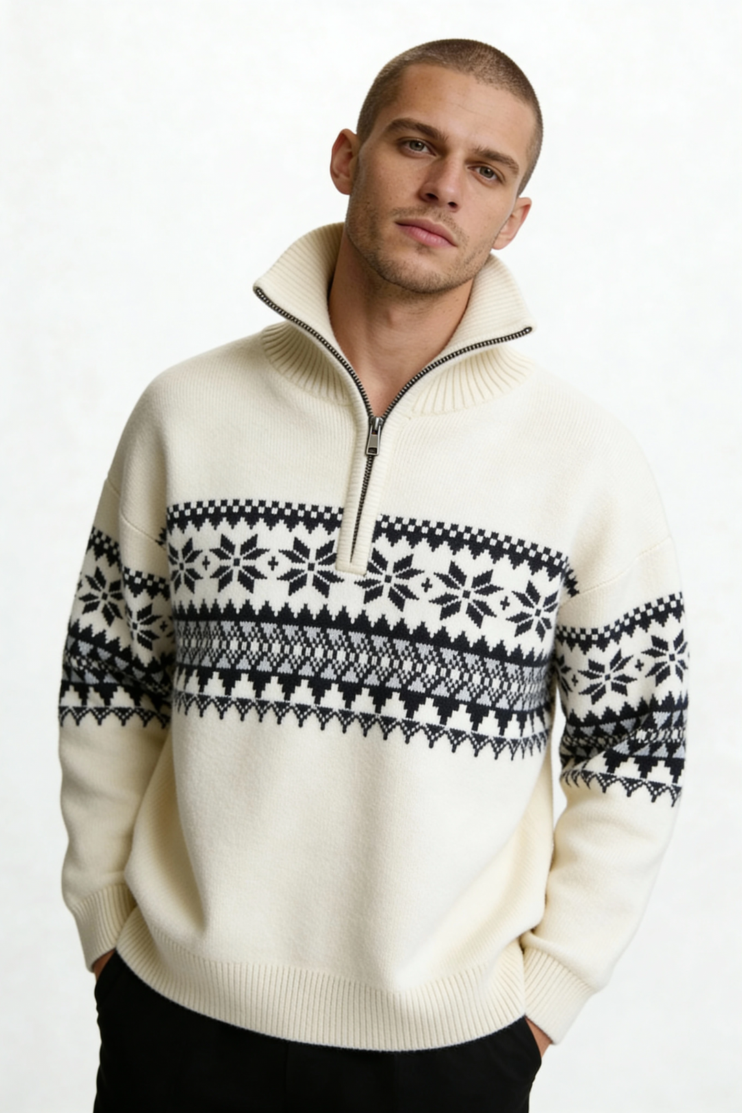 Ceilo Men Quarter-Zip Sweater - Ivory