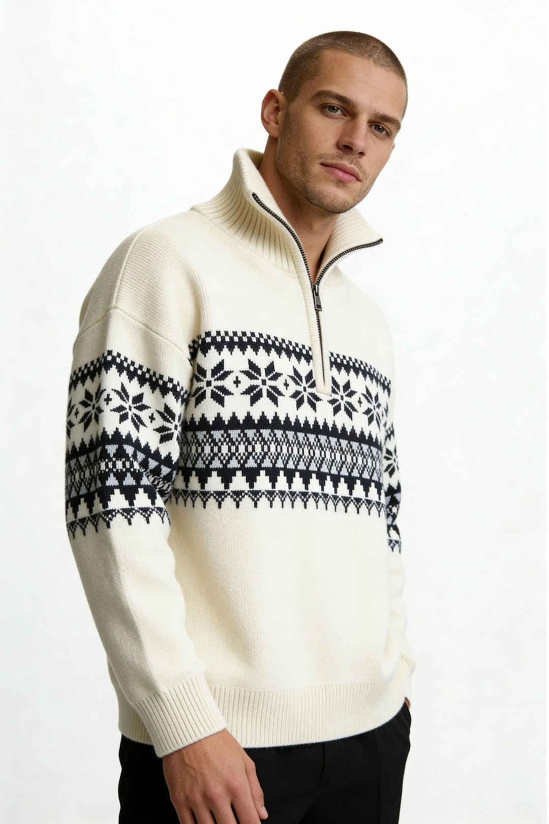 Ceilo Men Quarter-Zip Sweater - Ivory