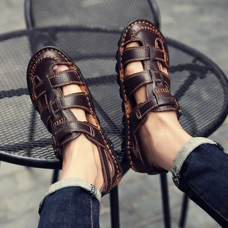 Dasfirin Men Cut Out Leather Sandals