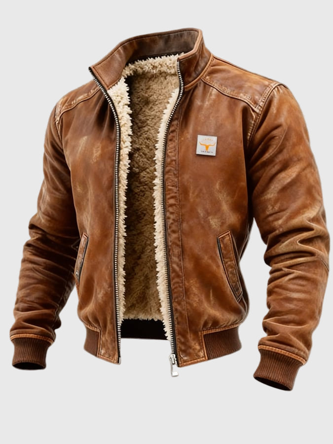 Stefan Men’s Distressed Leather-Effect Jacket with Fleece Inside Warmth