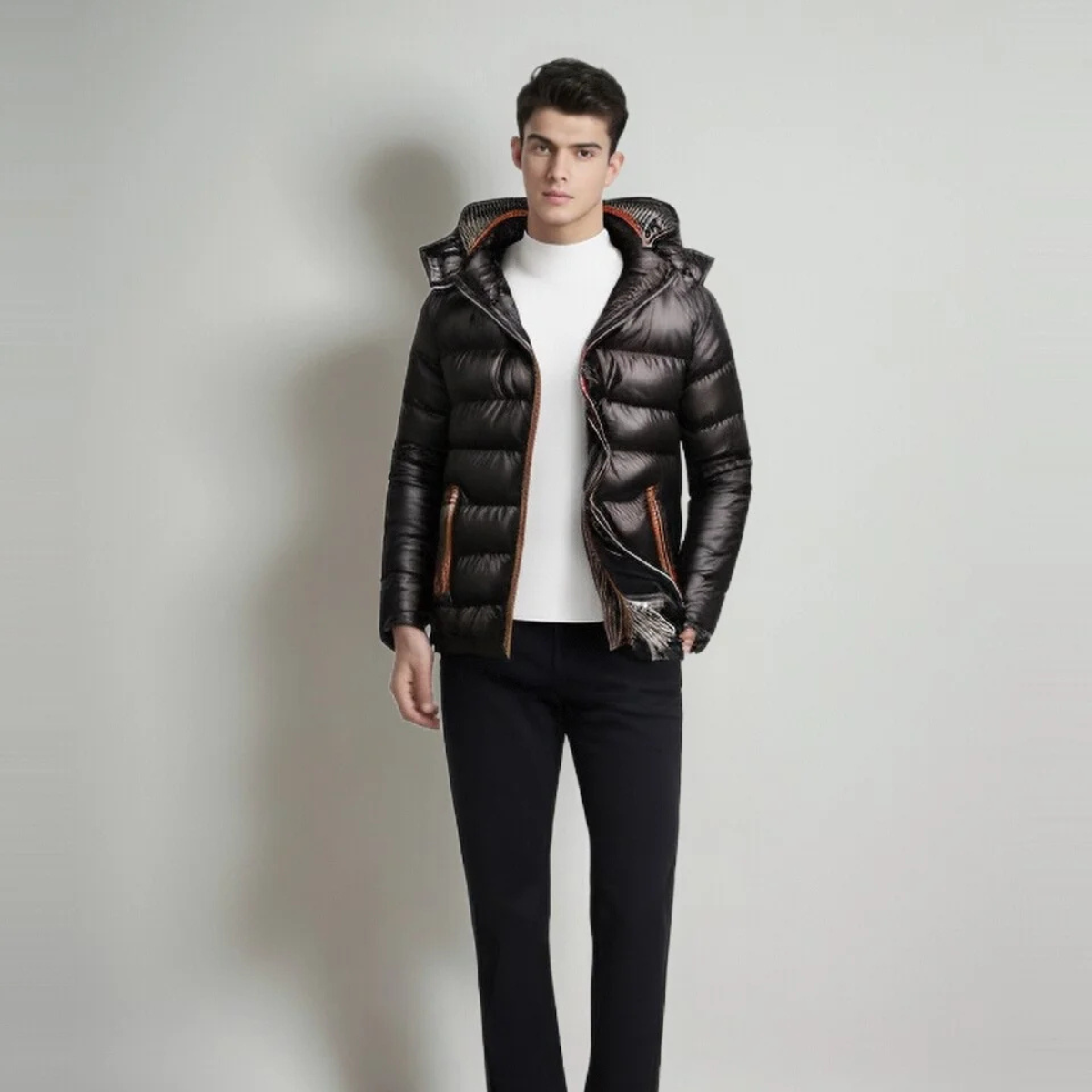 The San Casciano Men’s Hooded Puffer Jacket with Quilted Padding – Black