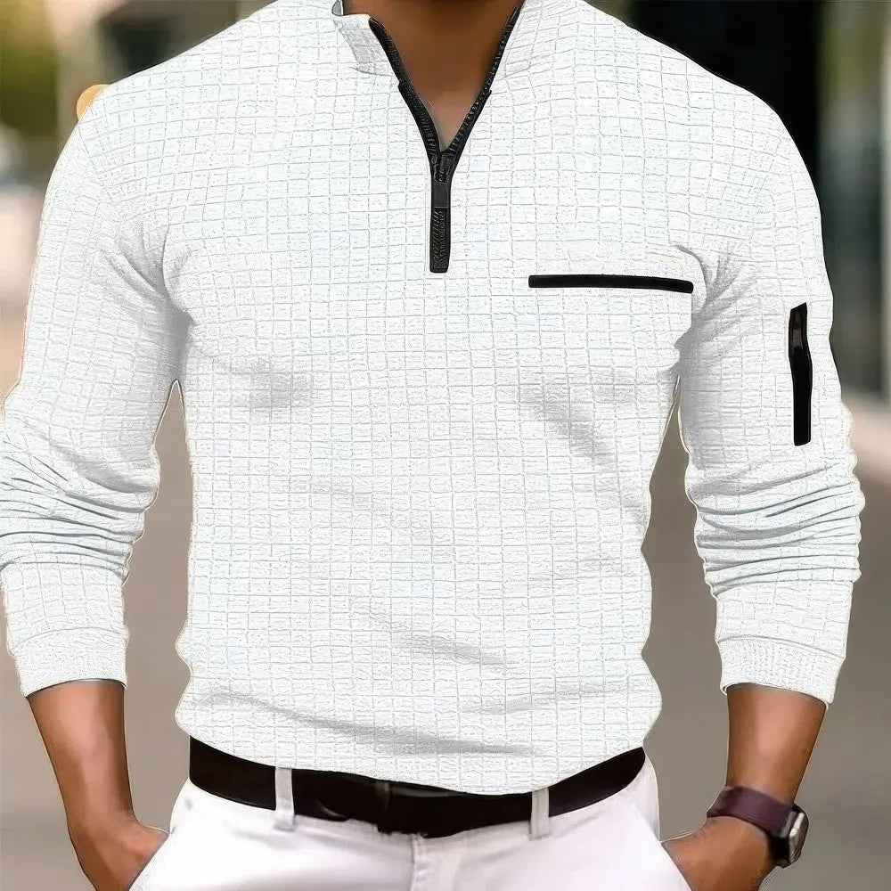 Men's Casual Cotton Long Sleeve Polo Shirt Pocket Zipper