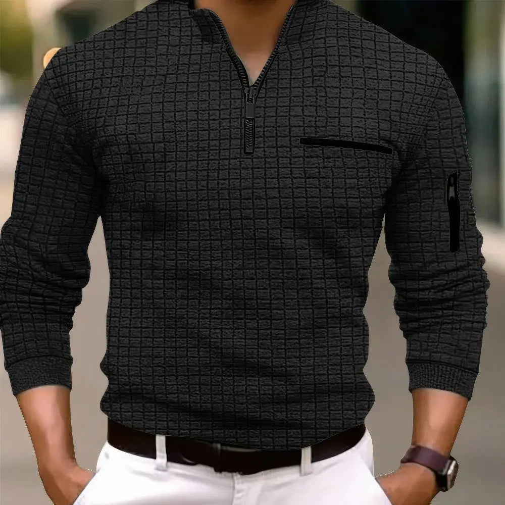 Men's Casual Cotton Long Sleeve Polo Shirt Pocket Zipper
