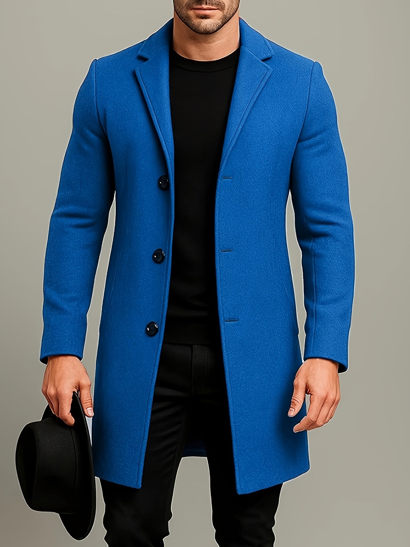 Men's Mid-Length Single-Breasted Tweed Overcoat Solid Color Trench Coat