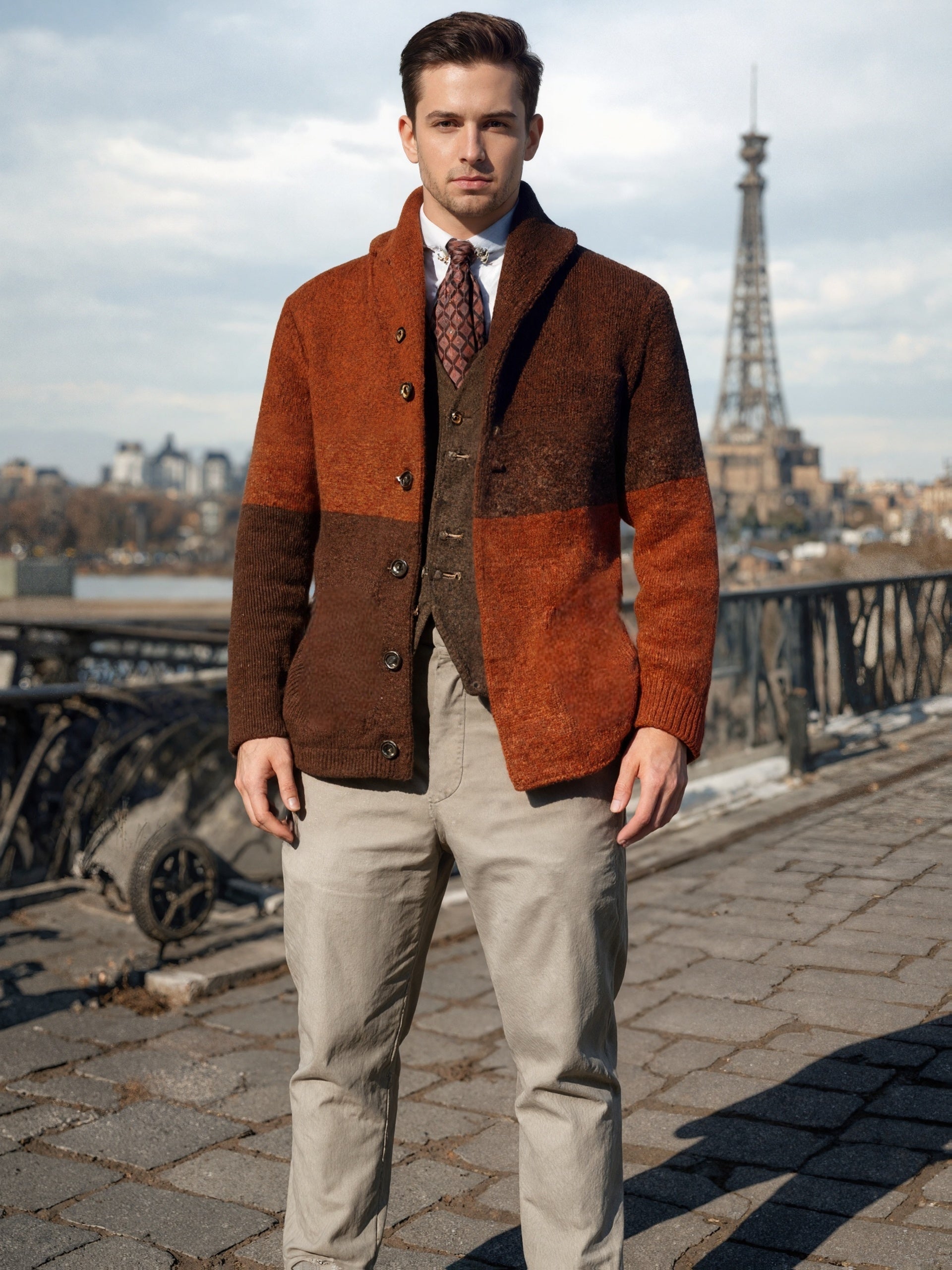 Men’s Thick Warm Cardigan – Block Knit Button-Up Jacket