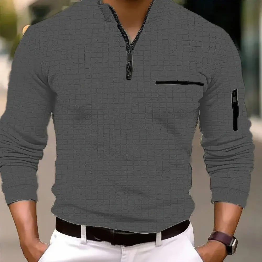 Men's Casual Cotton Long Sleeve Polo Shirt Pocket Zipper
