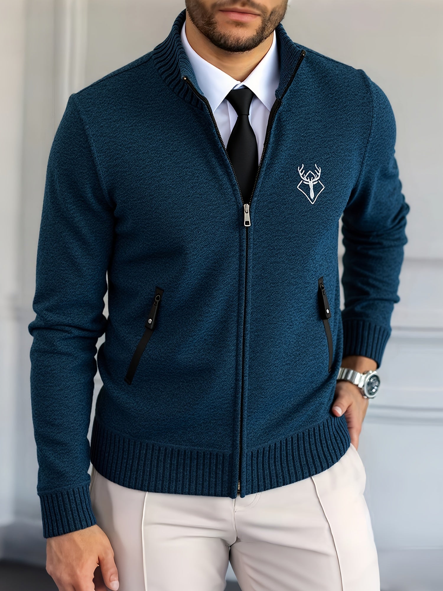 Men Lightweight Zip-Up Cardigan - Stand Collar Sweater Jacket