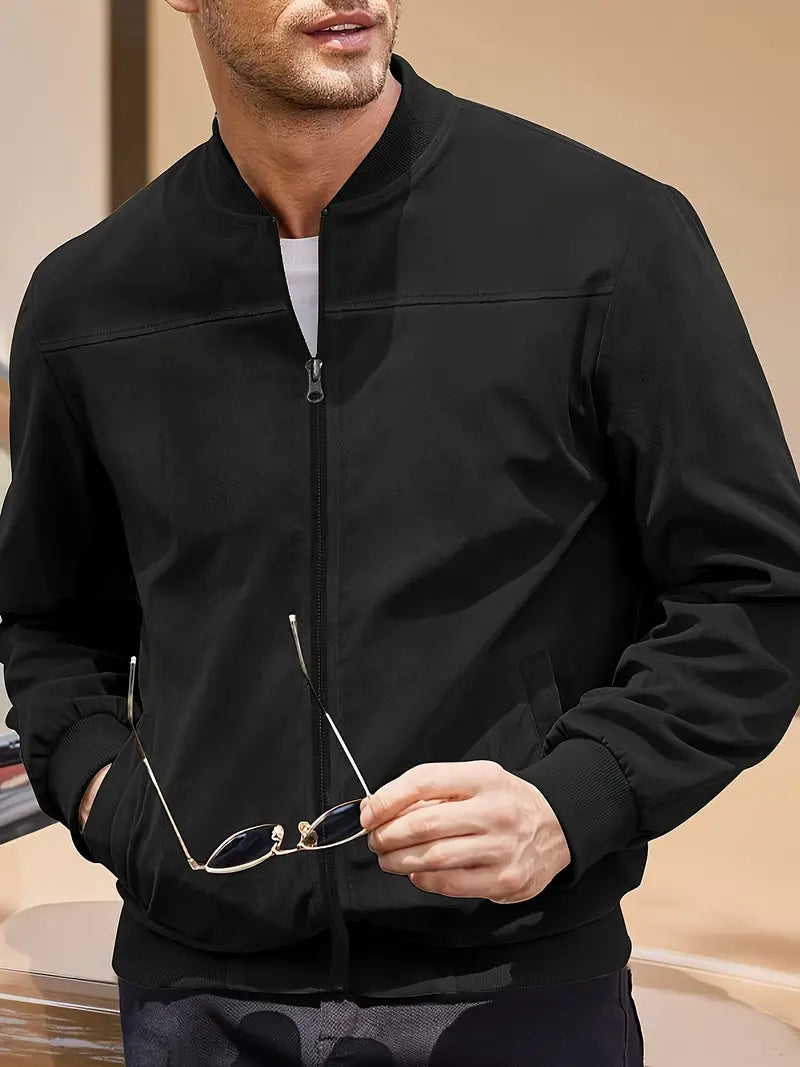 Dasfirin | Men's Lightweight Retro Zip-Up Jacket – Solid Color, Baseball Collar, Machine Washable, Casual Style