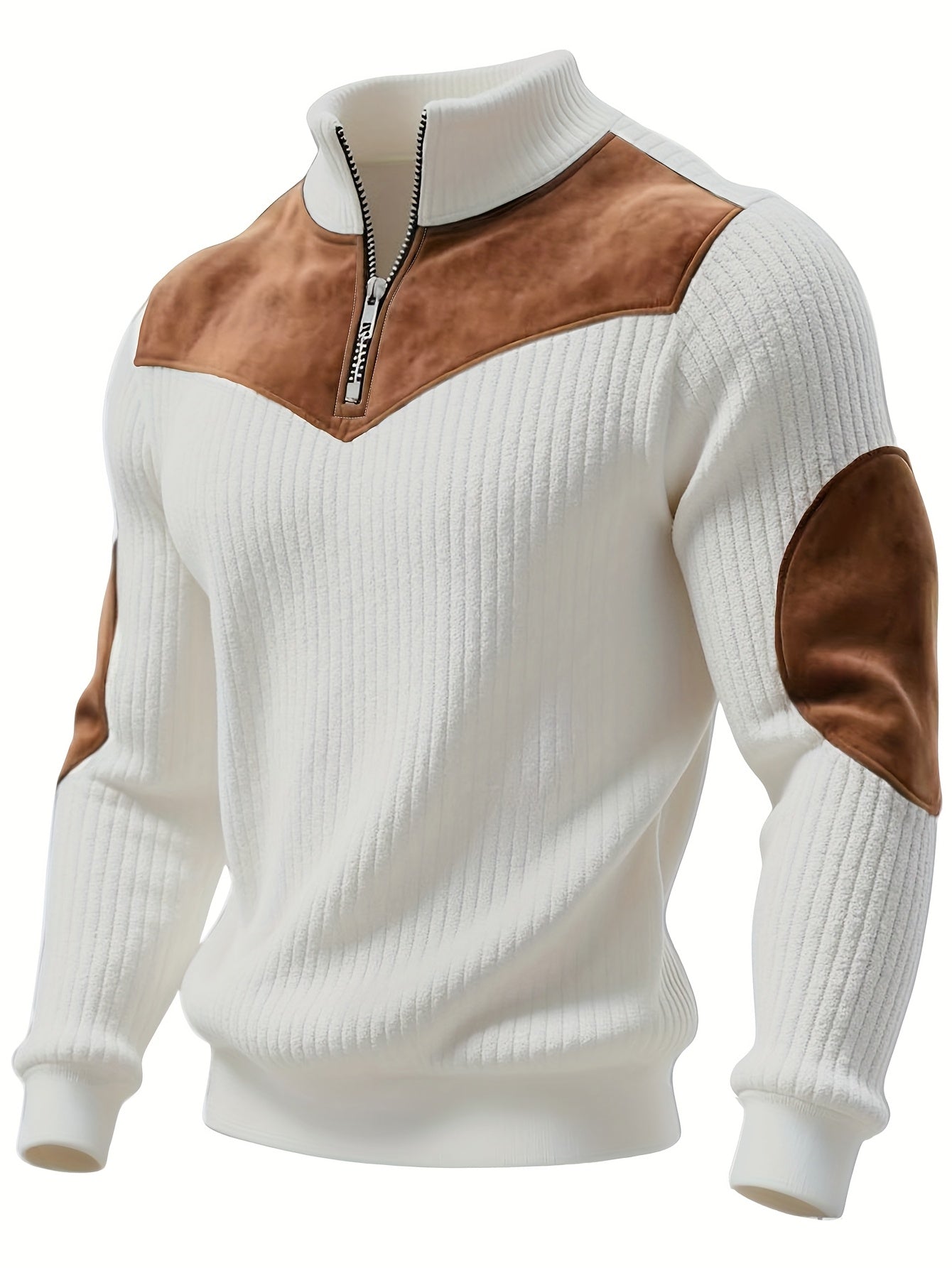 Half-Zip Retro Pullover Sweater for Men – Ribbed Patchwork Streetwear