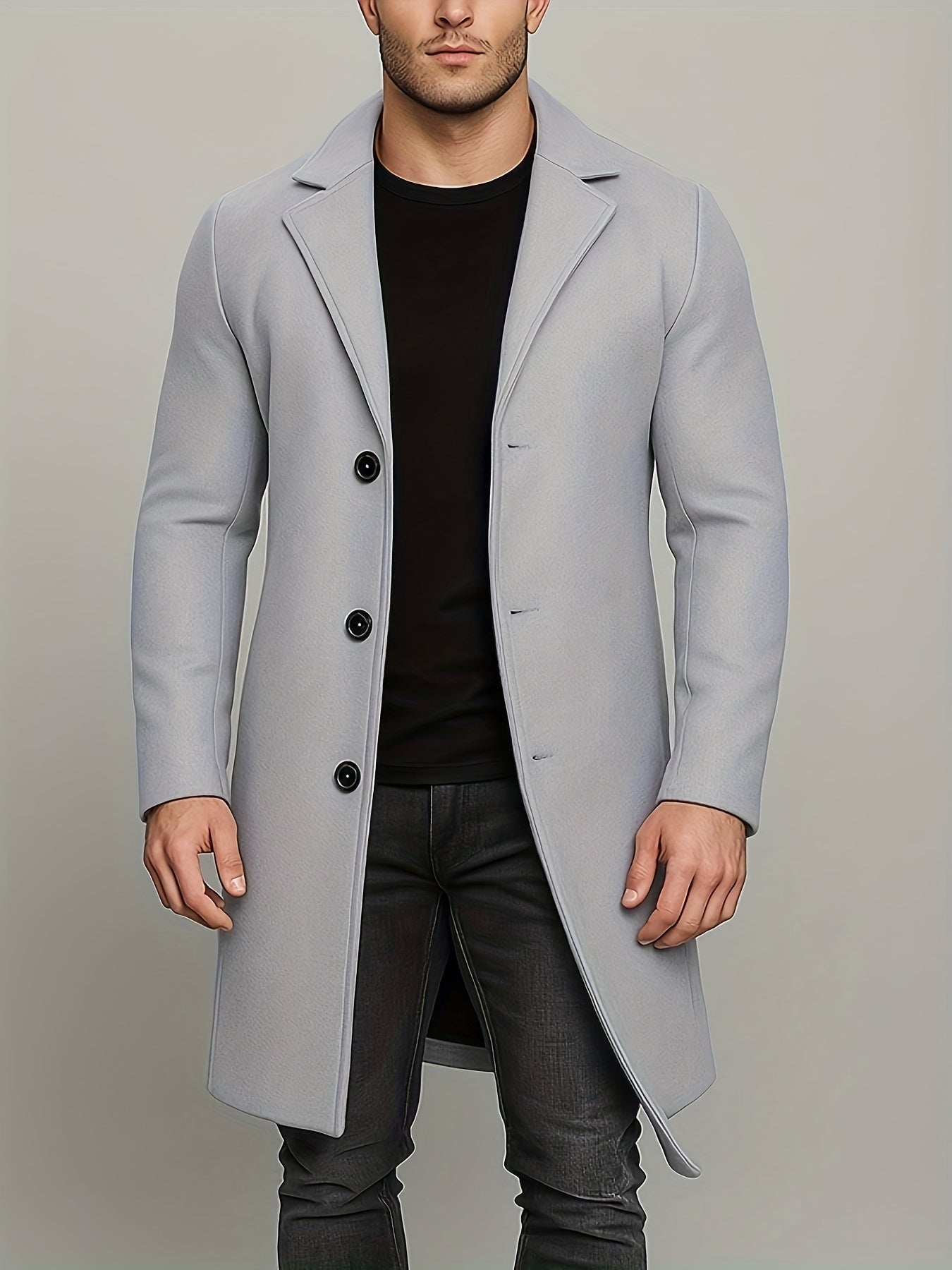 Men's Mid-Length Single-Breasted Tweed Overcoat Solid Color Trench Coat