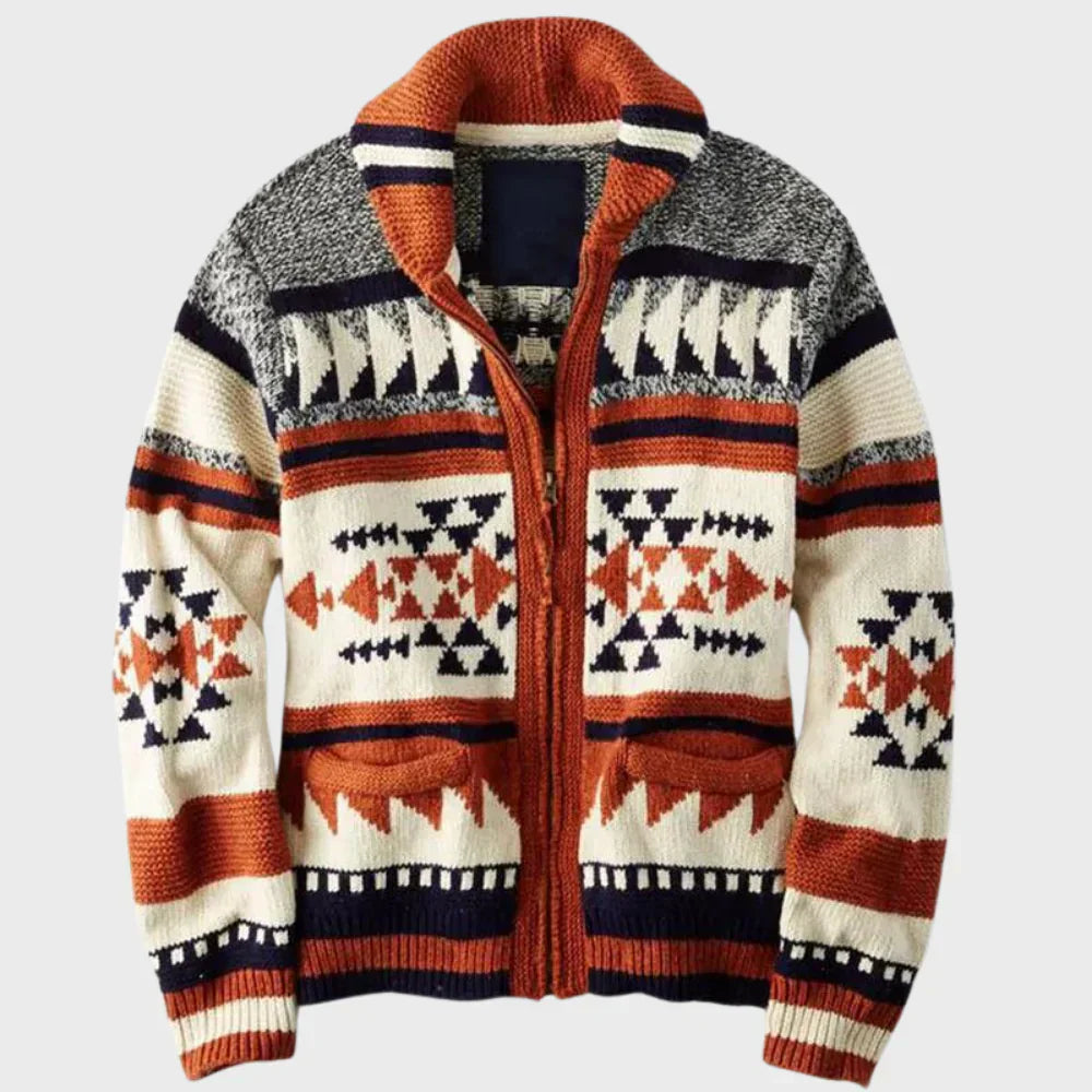 Red Jacquard Zip Cardigan – Statement Knitted Sweater for Men