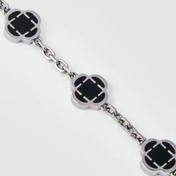 Clover Onxy Stone Bracelet Silver - Black