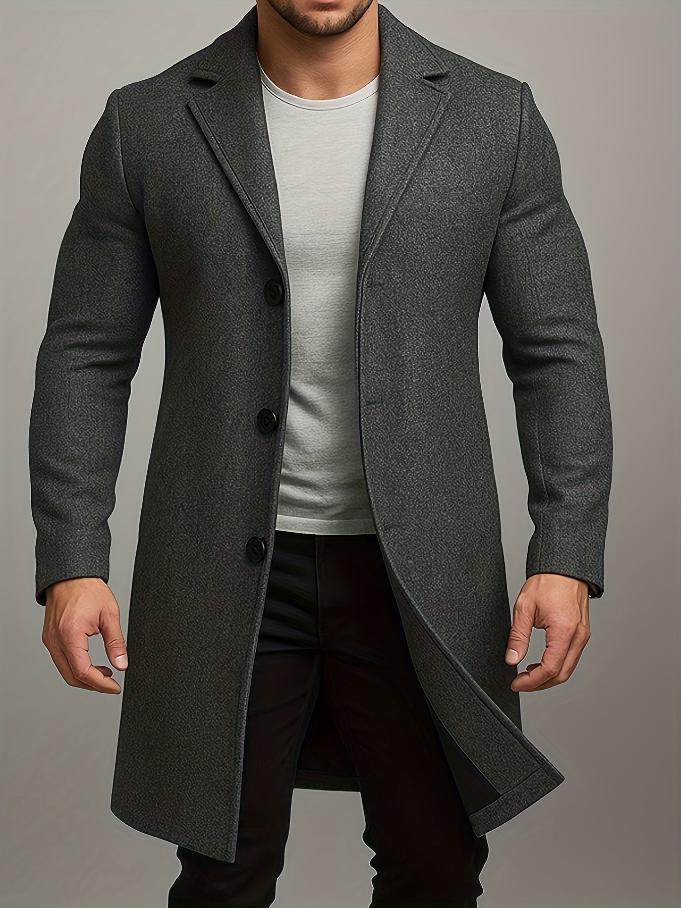 Men's Mid-Length Single-Breasted Tweed Overcoat Solid Color Trench Coat