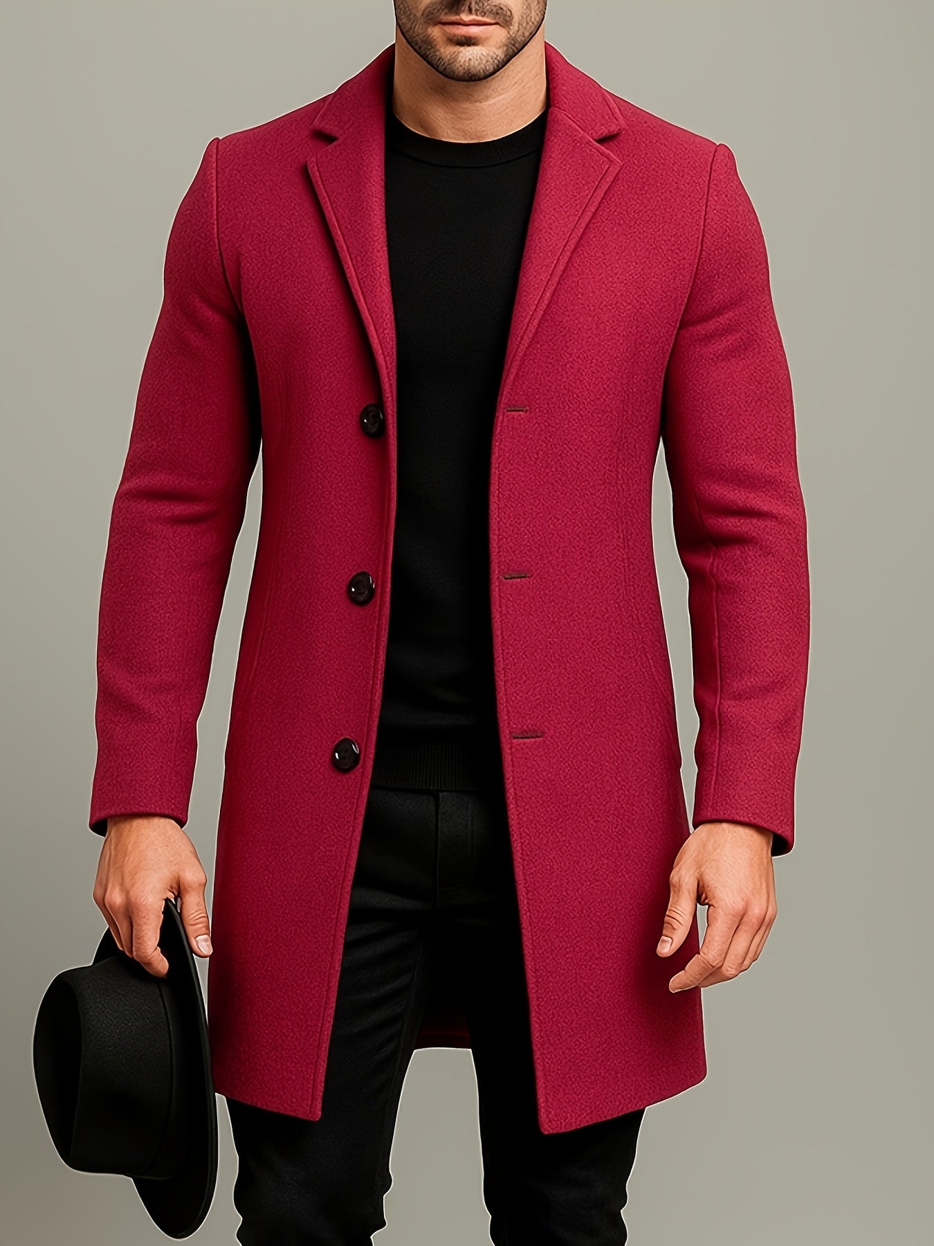 Men's Mid-Length Single-Breasted Tweed Overcoat Solid Color Trench Coat