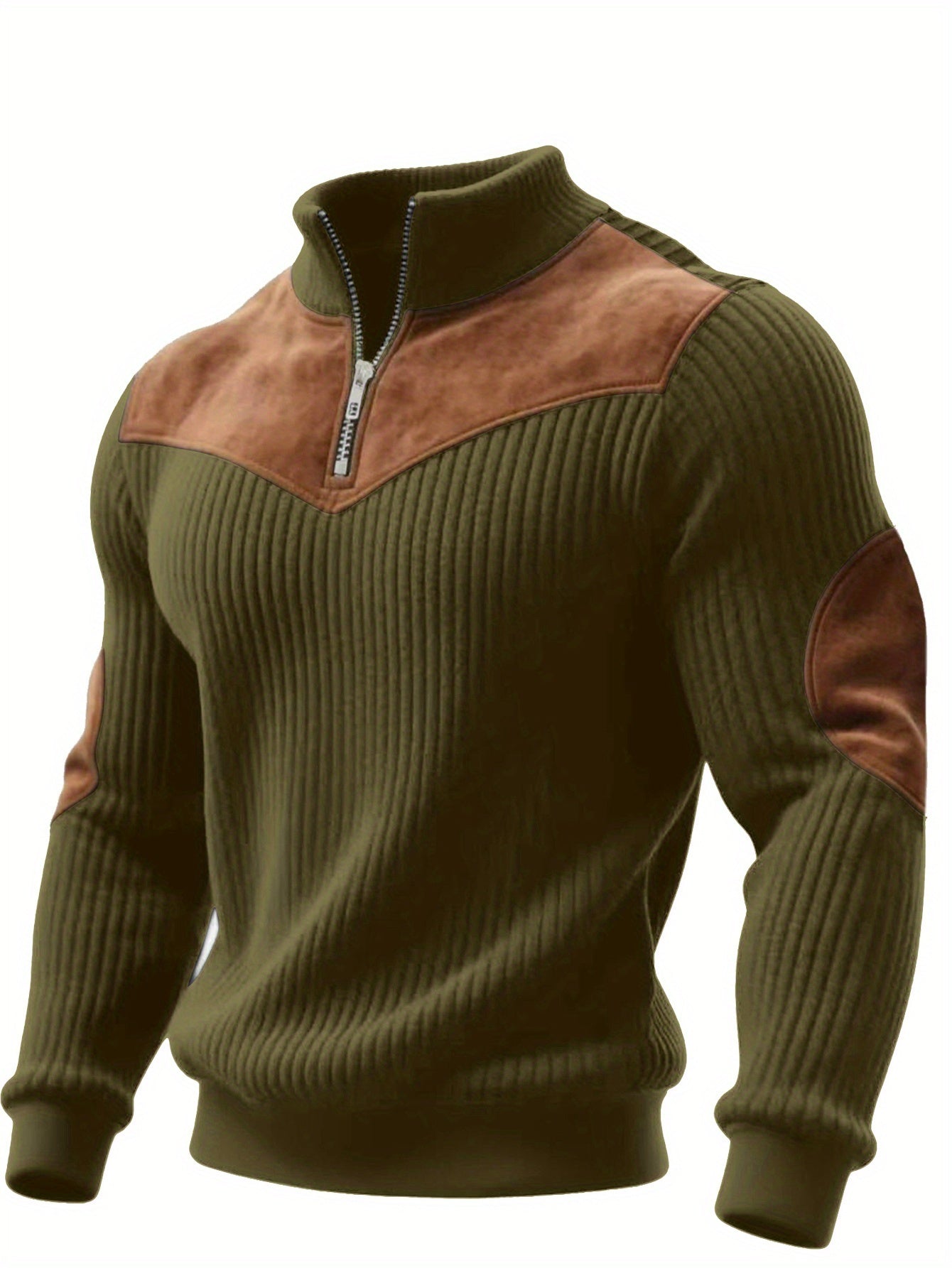 Half-Zip Retro Pullover Sweater for Men – Ribbed Patchwork Streetwear