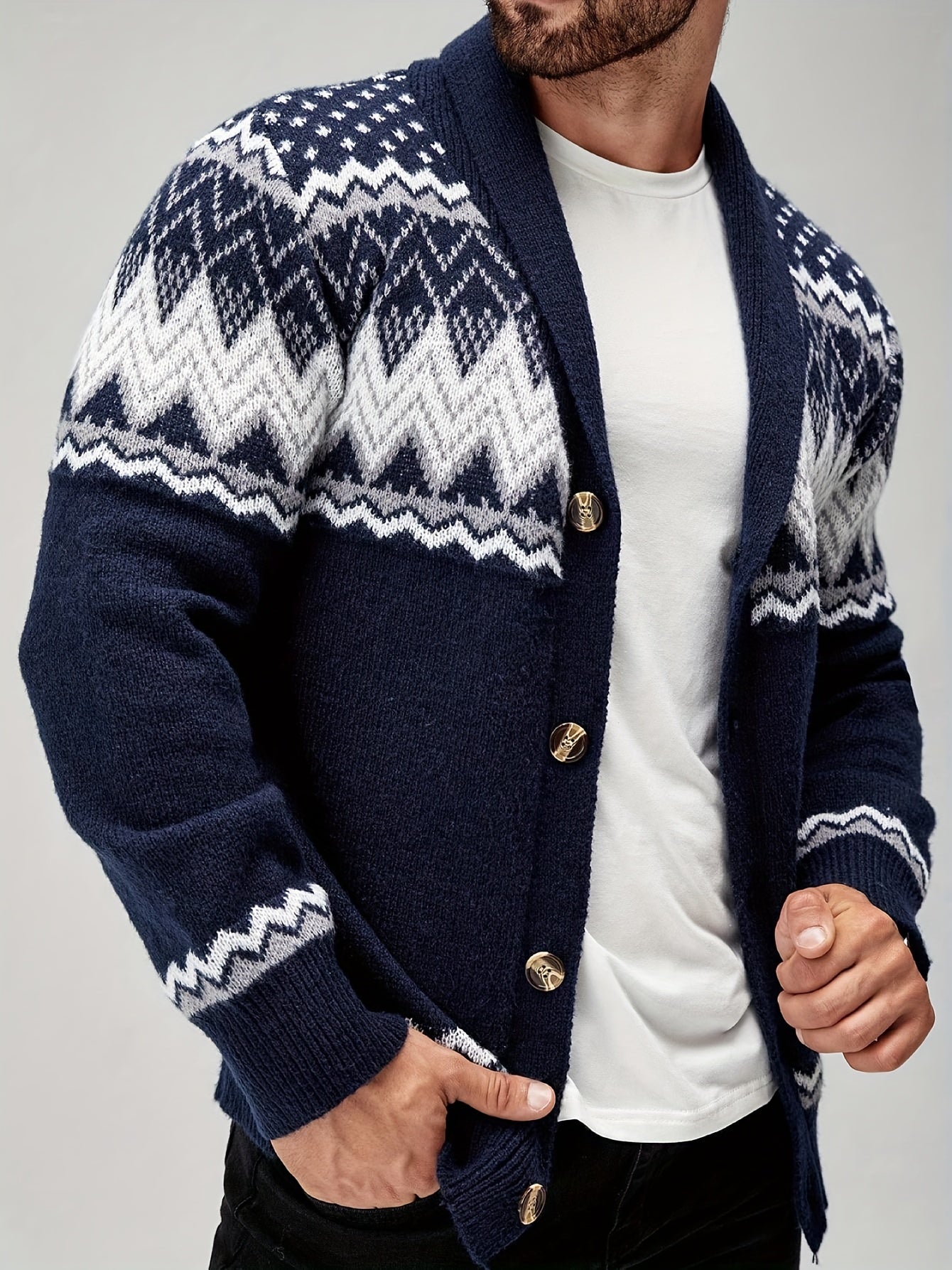Men’s Geometric Pattern Cardigan – Button-Up Knit Sweater for Fall & Winter