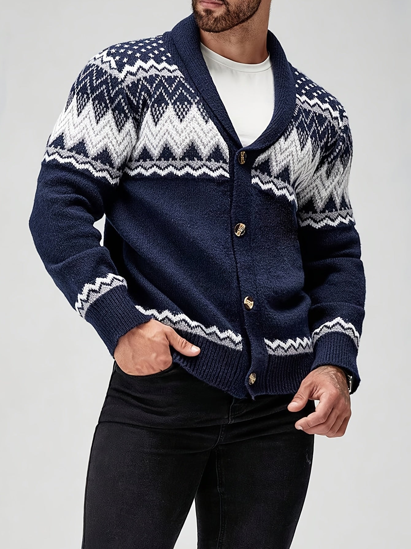 Men’s Geometric Pattern Cardigan – Button-Up Knit Sweater for Fall & Winter