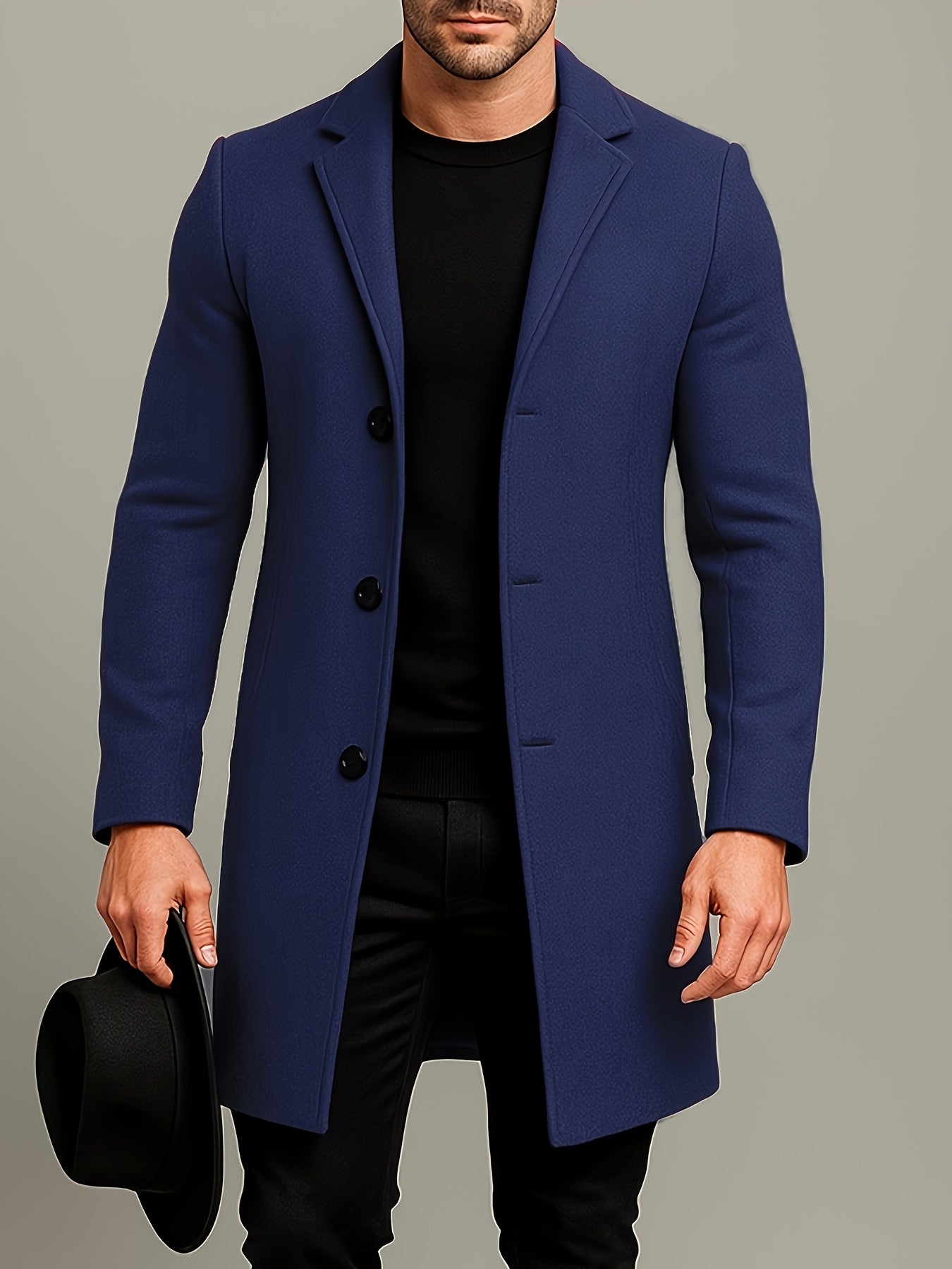 Men's Mid-Length Single-Breasted Tweed Overcoat Solid Color Trench Coat