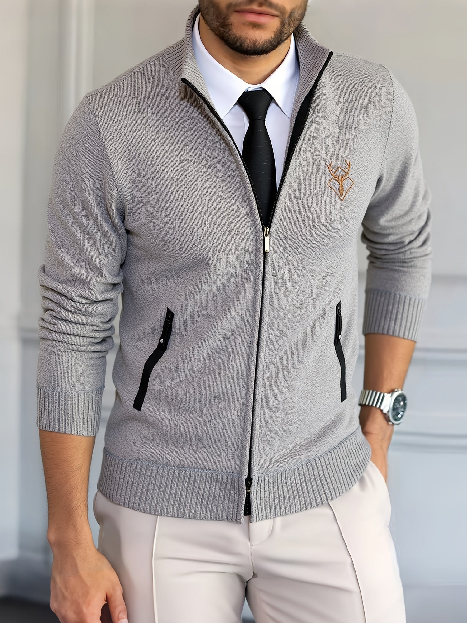 Men Lightweight Zip-Up Cardigan - Stand Collar Sweater Jacket