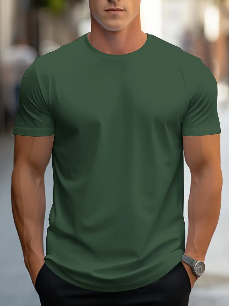 Men’s Solid Color T-Shirt – Crew Neck Streetwear Style in Polyester