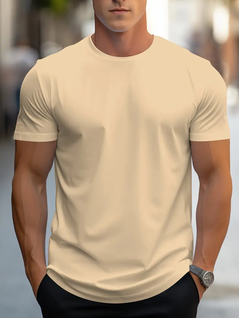 Men’s Solid Color T-Shirt – Crew Neck Streetwear Style in Polyester