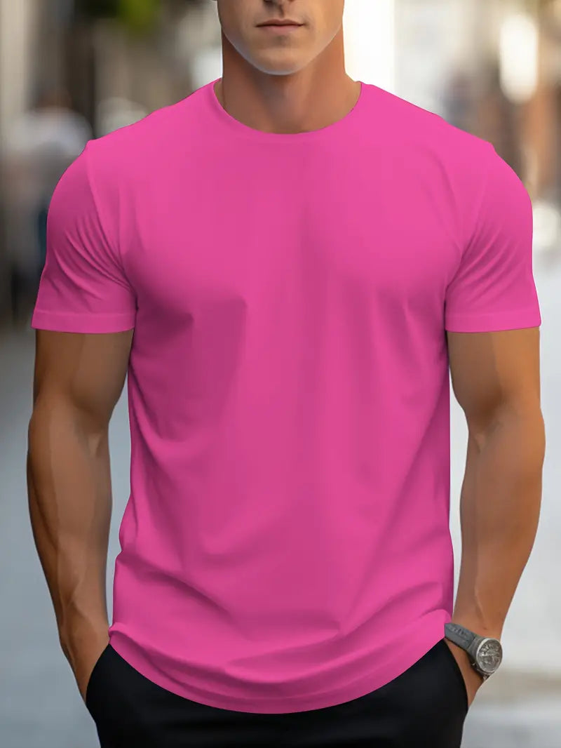 Men’s Solid Color T-Shirt – Crew Neck Streetwear Style in Polyester