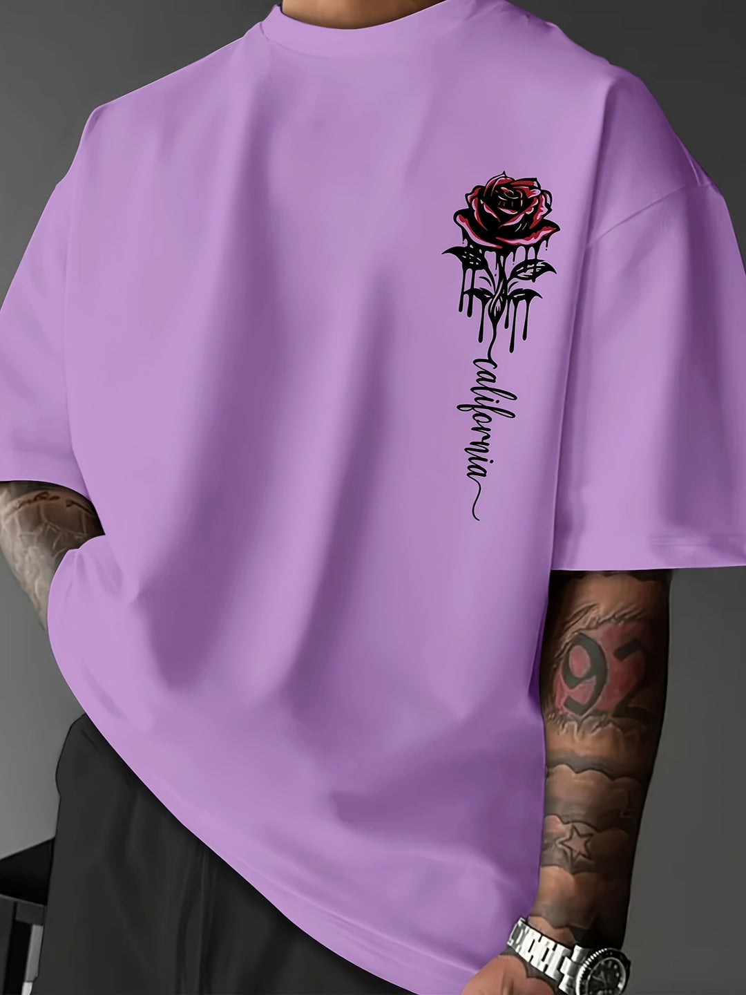 Men’s T-Shirt | Rose Print & Loose Fit | Crew Neck | Summer Style