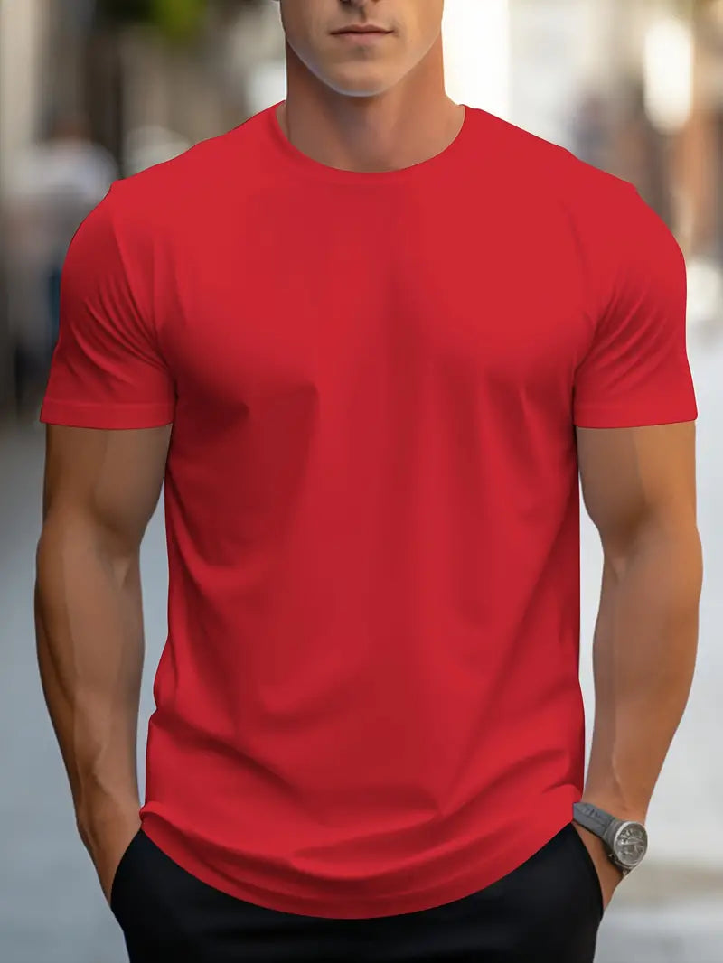 Men’s Solid Color T-Shirt – Crew Neck Streetwear Style in Polyester