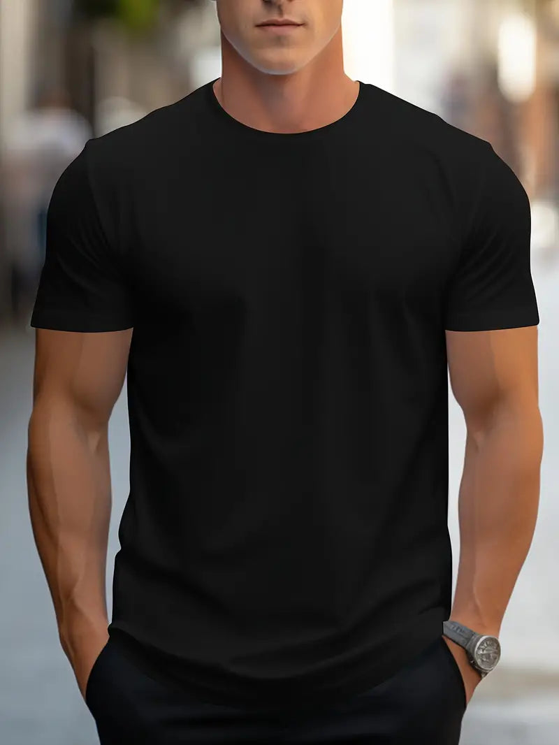 Men’s Solid Color T-Shirt – Crew Neck Streetwear Style in Polyester
