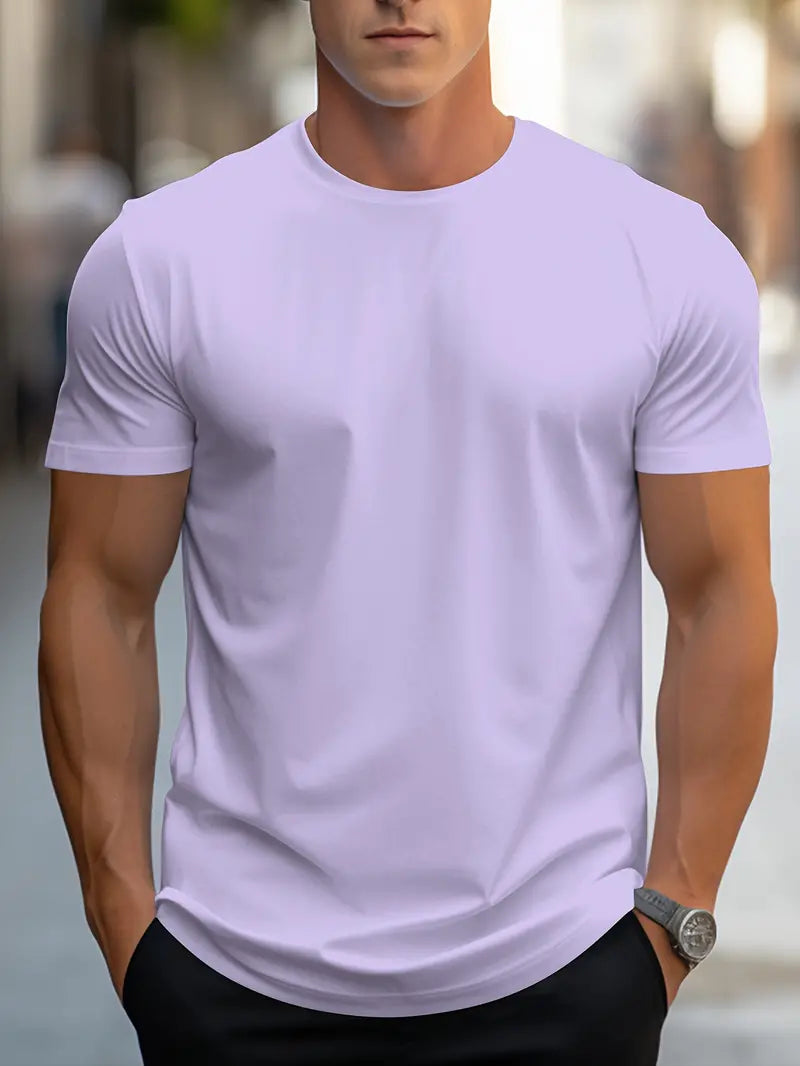 Men’s Solid Color T-Shirt – Crew Neck Streetwear Style in Polyester