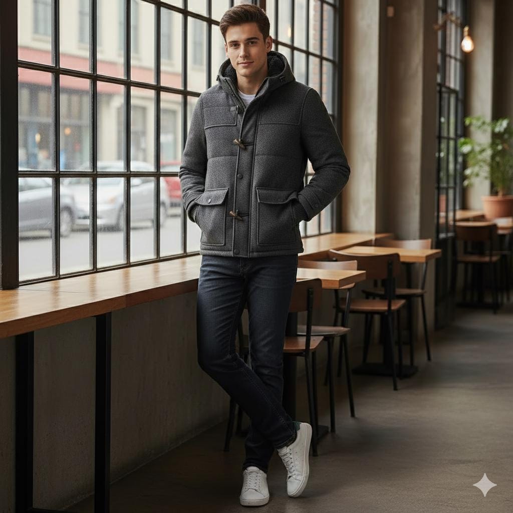 Men’s Darkgrey Wool Toggle Coat with Hood – Handmade Winter Jacket, Warm Wool Duffle