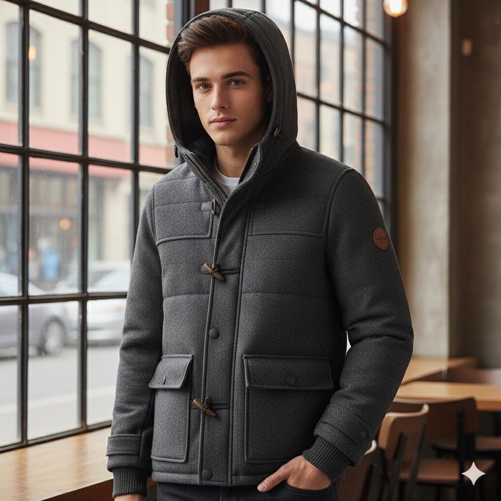 Men’s Darkgrey Wool Toggle Coat with Hood – Handmade Winter Jacket, Warm Wool Duffle