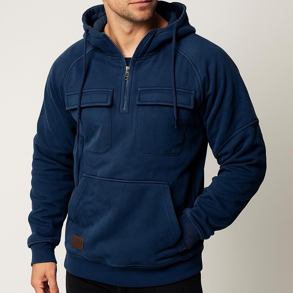 Men’s Cargo Hooded Pullover with Half-Zip Design