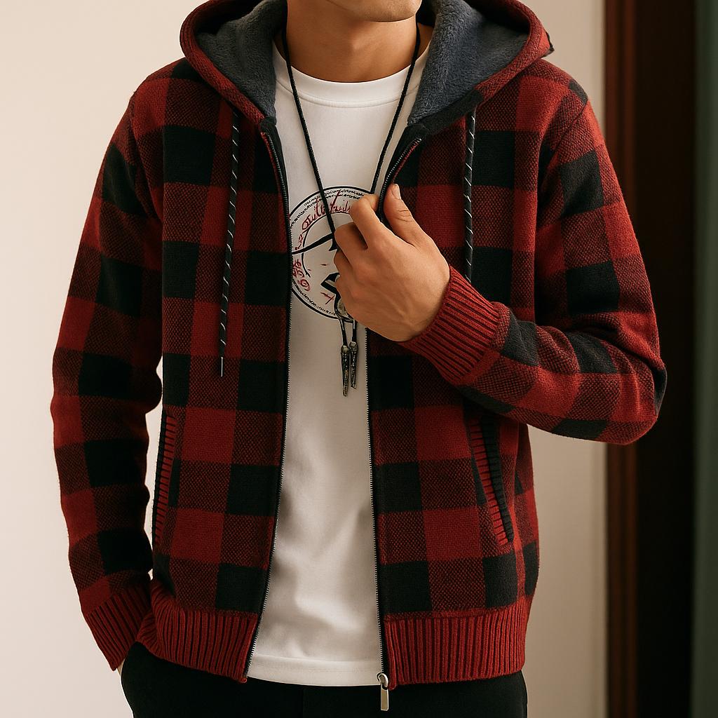 Men’s Zip-Up Block Pattern Hooded Jacket – Check Pattern Design