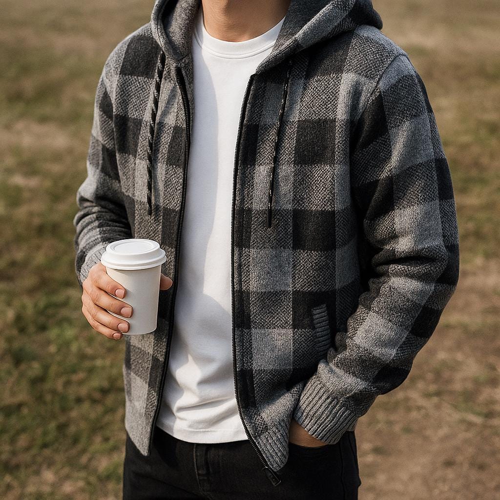 Men’s Zip-Up Block Pattern Hooded Jacket – Check Pattern Design