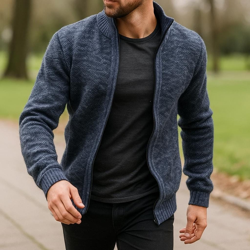 Men’s Zip-Up Cardigan – Check Pattern Lined Design