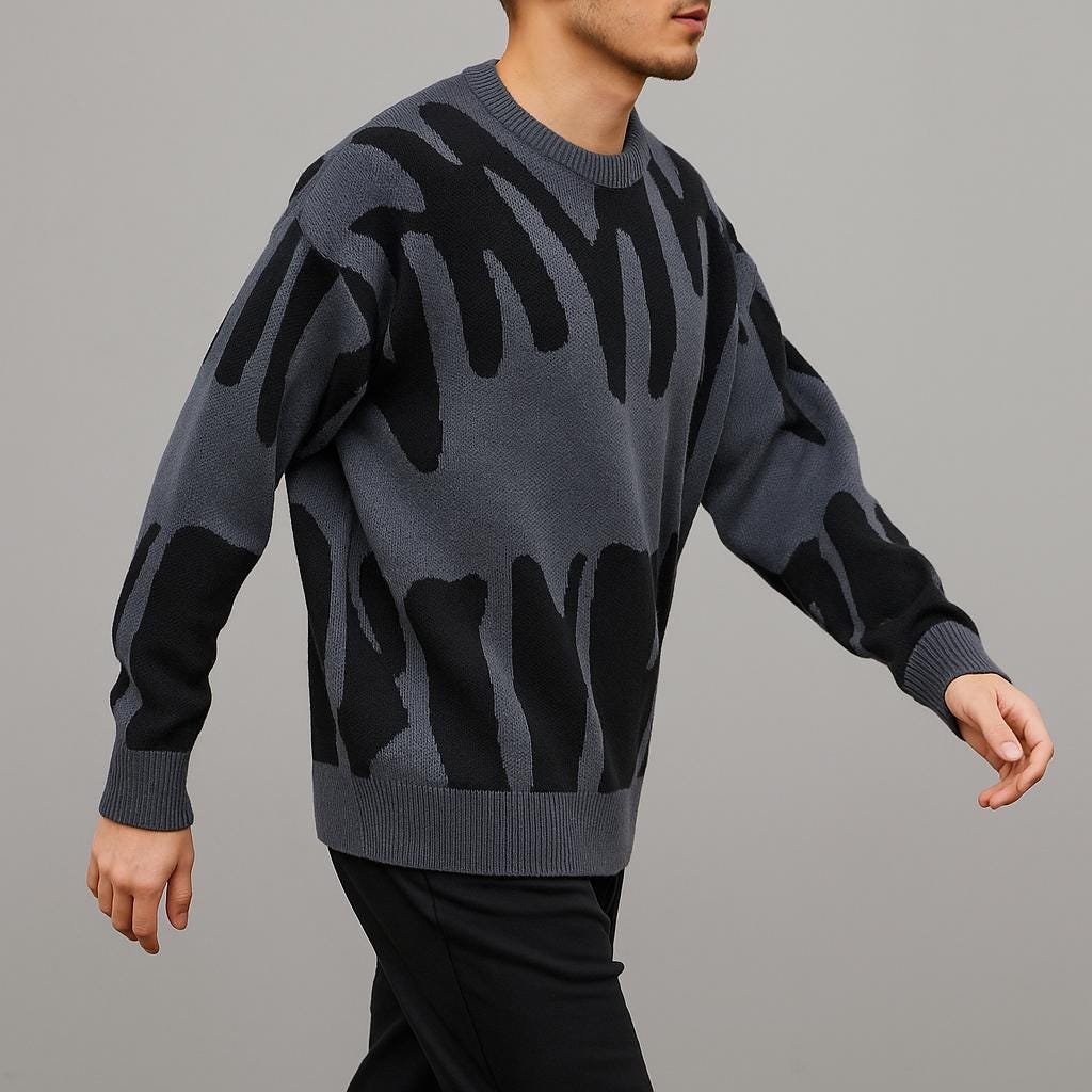 Men’s Geometric Pattern Oversized Sweater – Crew Neck Design