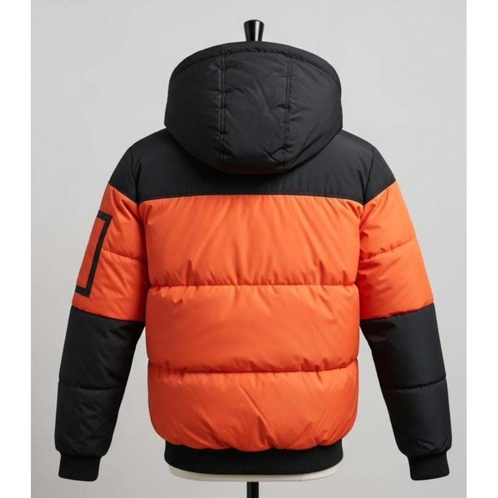 Men’s Orange Black Puffer Jacket | Warm Winter Hooded Coat