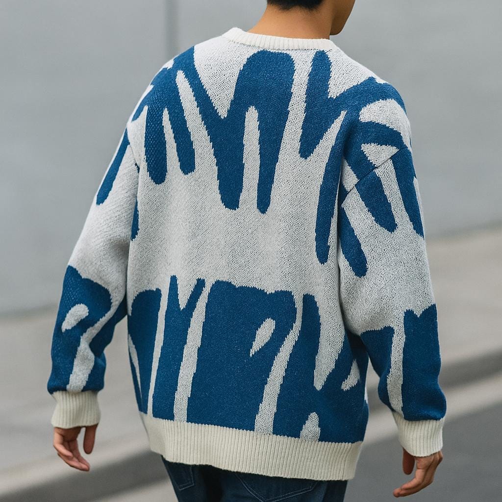 Men’s Geometric Pattern Oversized Sweater – Crew Neck Design