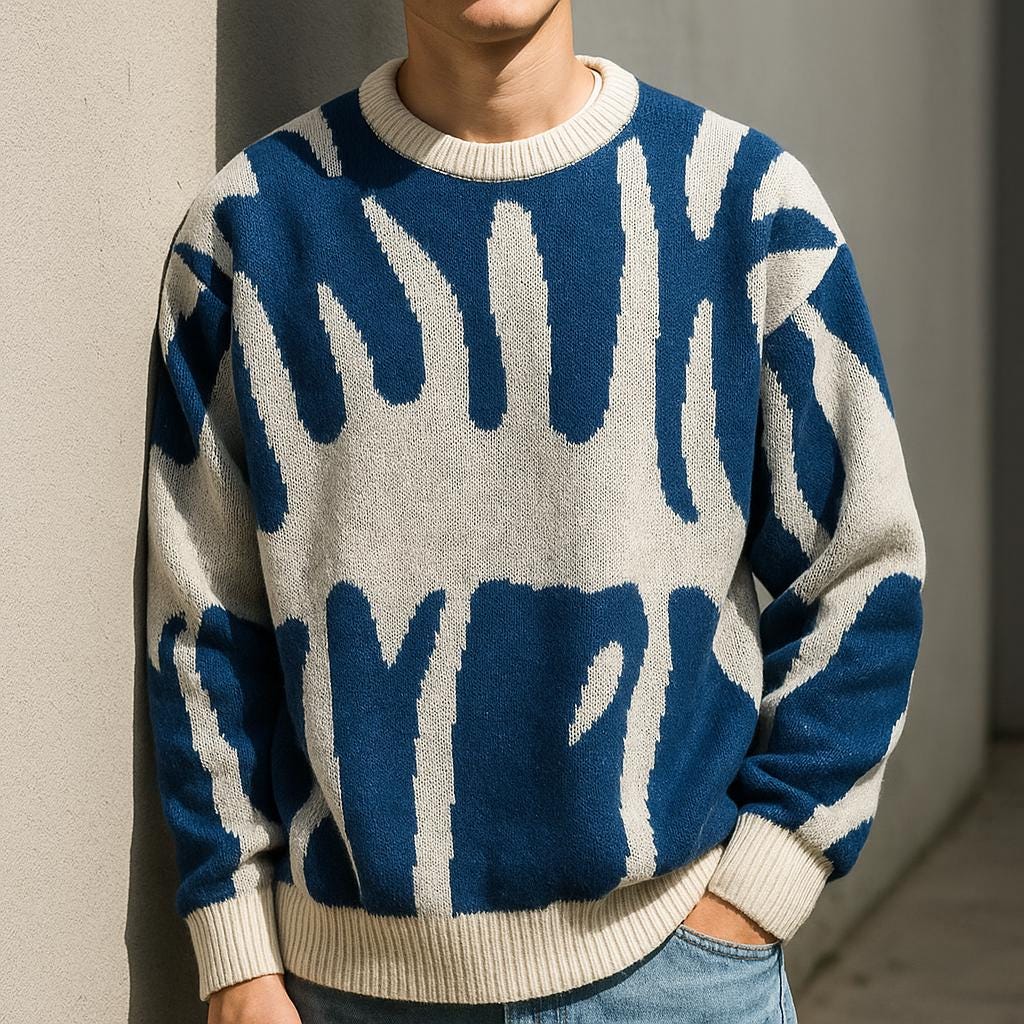 Men’s Geometric Pattern Oversized Sweater – Crew Neck Design
