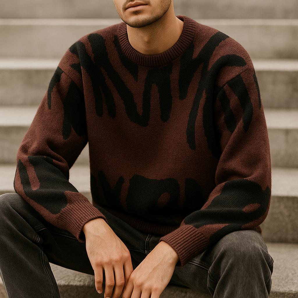 Men’s Geometric Pattern Oversized Sweater – Crew Neck Design
