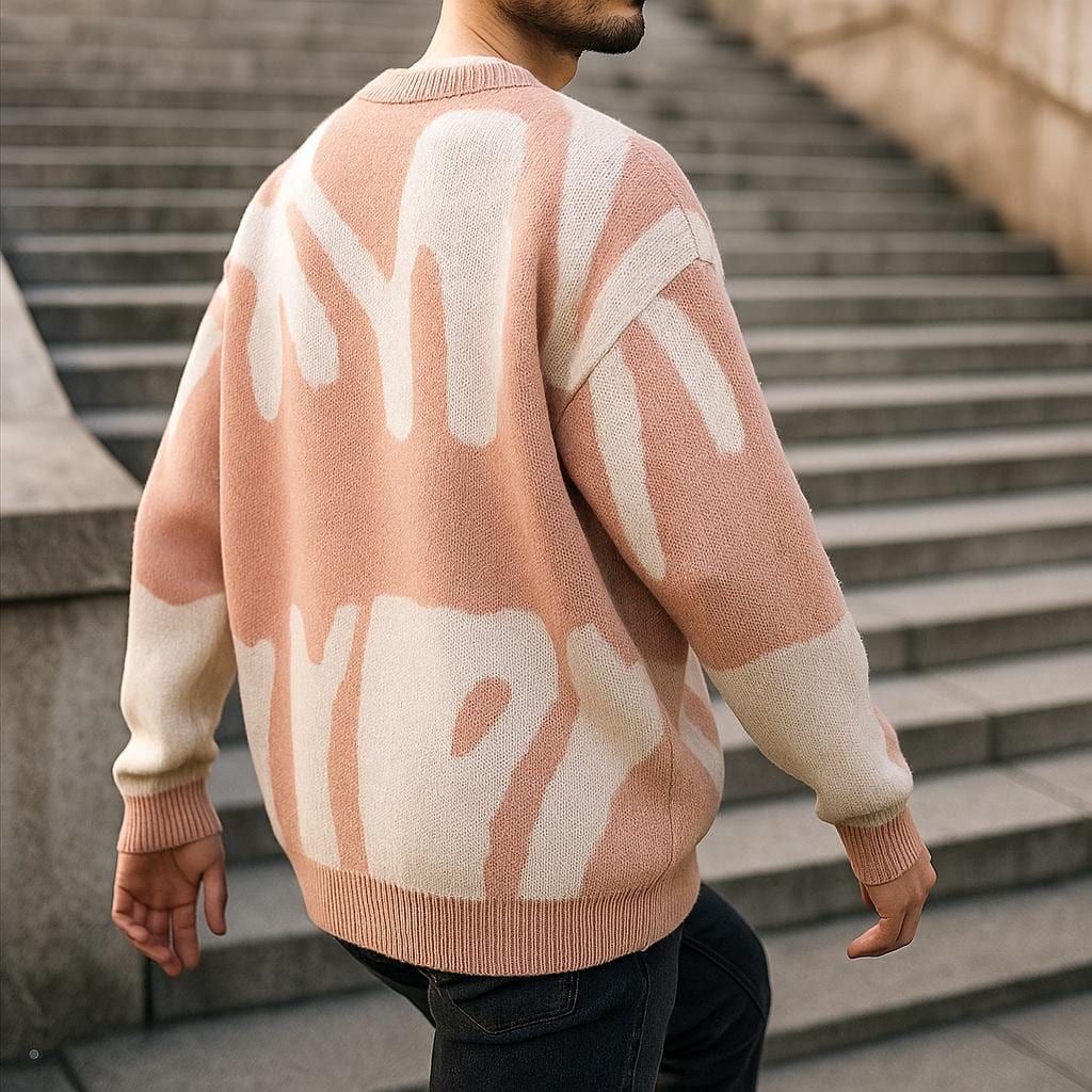 Men’s Geometric Pattern Oversized Sweater – Crew Neck Design
