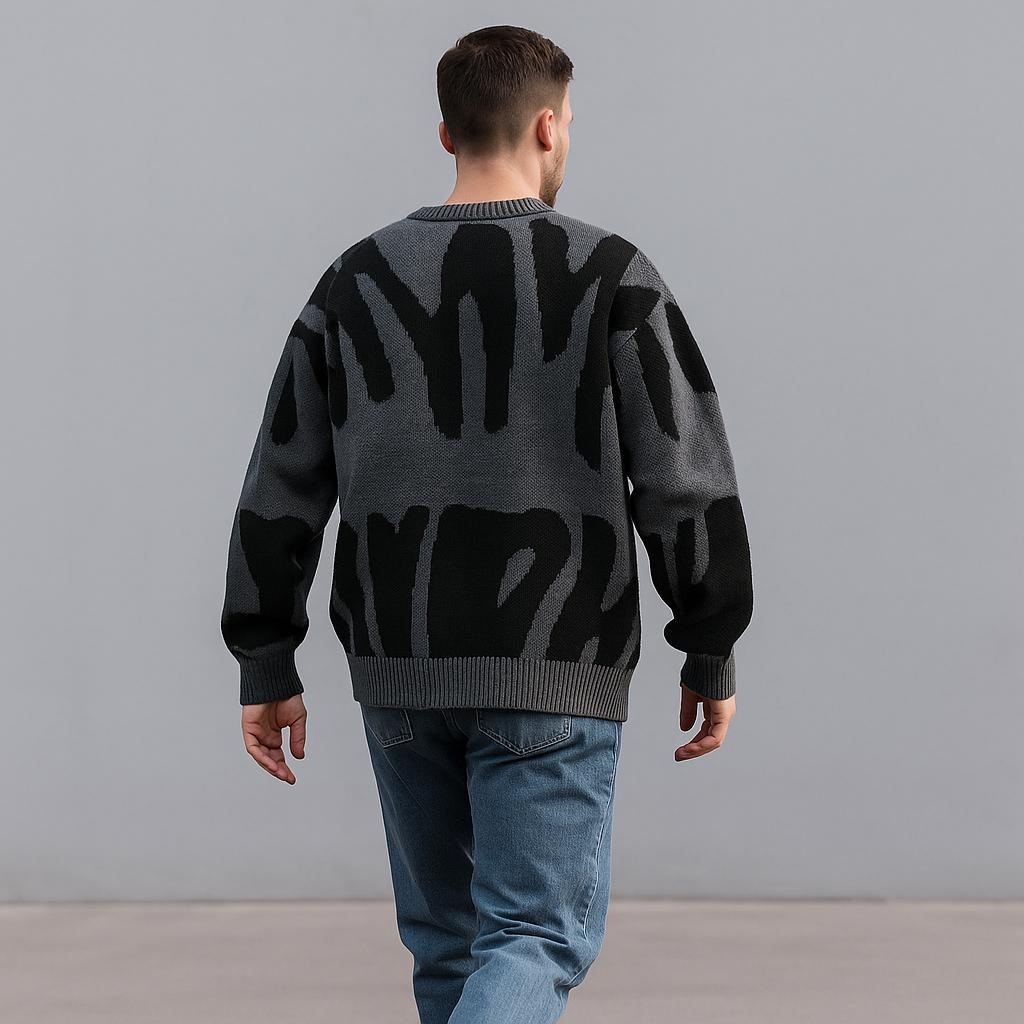 Men’s Geometric Pattern Oversized Sweater – Crew Neck Design